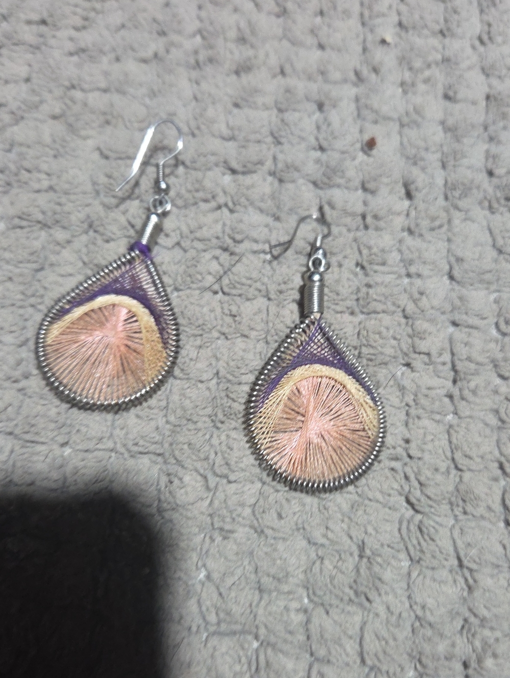 Handcrafted Teardrop Thread-Wrapped Earrings in Peach and Purple